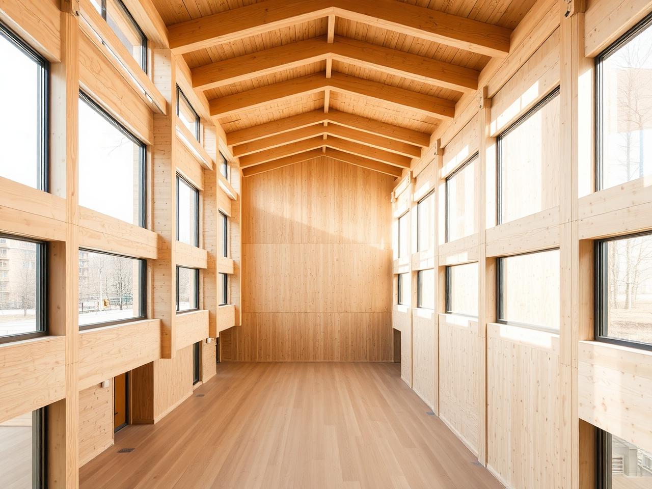 Innenraum mit sichtbaren CLT-Wand- und Deckenflächen
