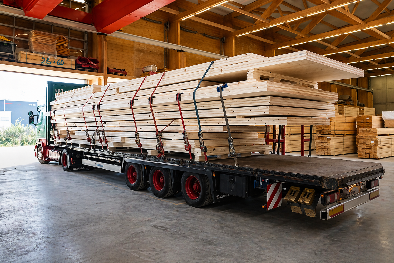 Vorgefertigte Holzelemente beim Transport zur Baustelle